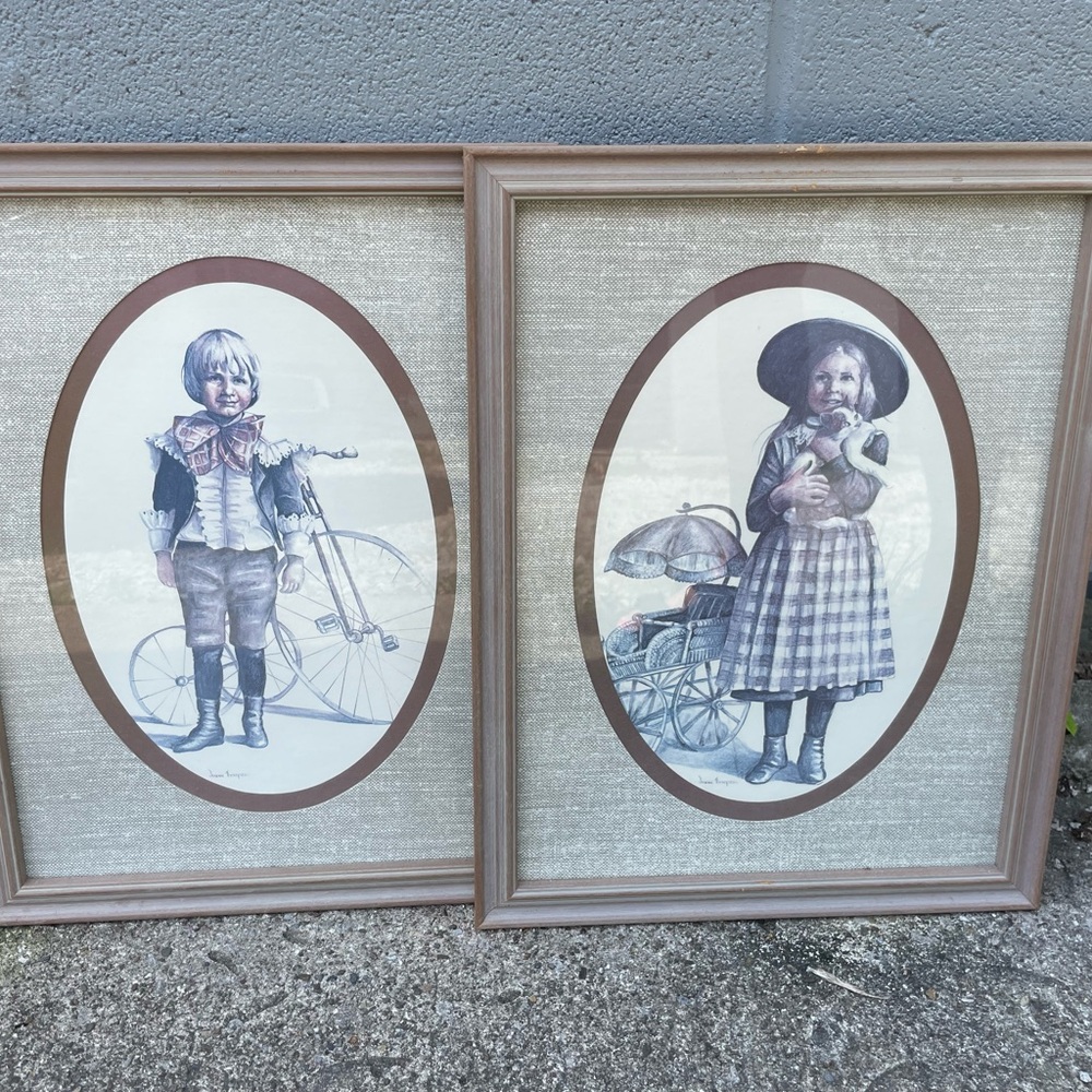 Joanne Thompson 2 Vintage Children Boy and Girl Antique Victorian Child Art